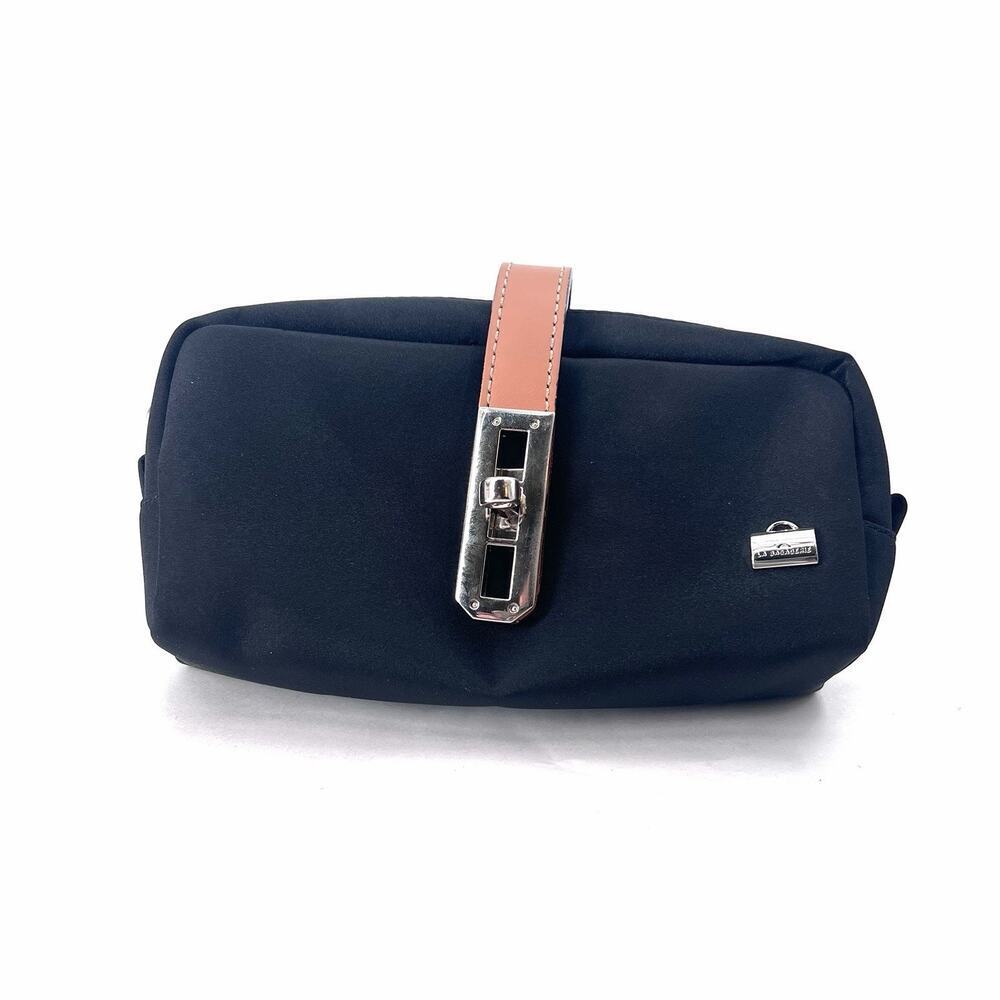 La Bagagerie Small Black Nylon Clutch Makeup Bag Travel Jewelry Holder Pouch
